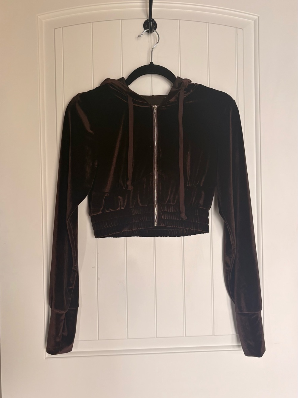 Cropped Velvet Zip-Up Hoodie and Shorts Set in Brown